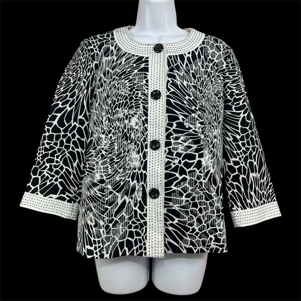 Chicos Sequin Embellished Jacket‎ Sz 0 Small Black White Artwear Chic Career